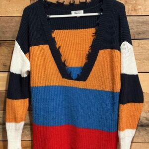 HIPPIE Military Colorblock Torn Oversized Striped Sweater Women M Boho Y2K 80s
